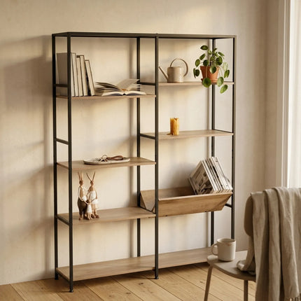 CARLA HOME 7 Shelf Bookcase - Wood Metal Display Shelf - Brown - Rustic - Steel - Living Room Office