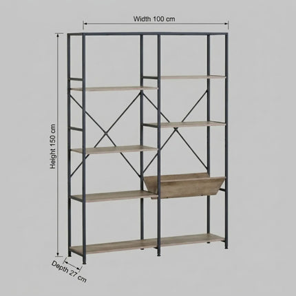 CARLA HOME 7 Shelf Bookcase - Wood Metal Display Shelf - Brown - Rustic - Steel - Living Room Office