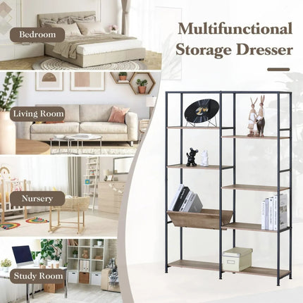 CARLA HOME 7 Shelf Bookcase - Wood Metal Display Shelf - Brown - Rustic - Steel - Living Room Office