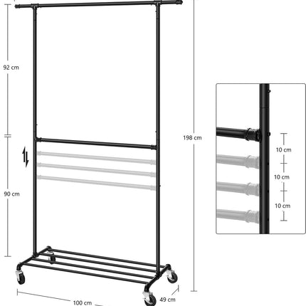Industrial Clothing Rack Wheels Double Rod