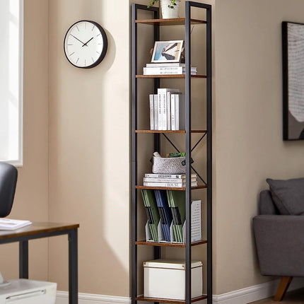 Small 6-Tier Industrial Bookshelf, Rustic Brown, Black