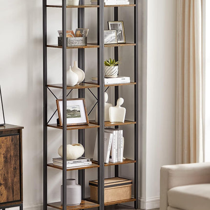 Small 6-Tier Industrial Bookshelf, Rustic Brown, Black