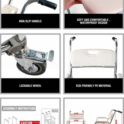Aluminum Bedside Commode Chair 200kg Mobile Shower Toilet Wheelchair