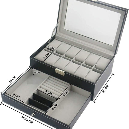 12 Slot PU Leather Lockable Watch and Jewelry Storage Boxes (Black)