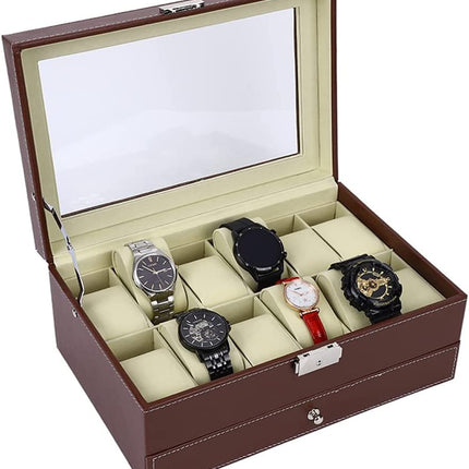 12 Slot PU Leather Lockable Watch and Jewelry Storage Boxes (Brown)
