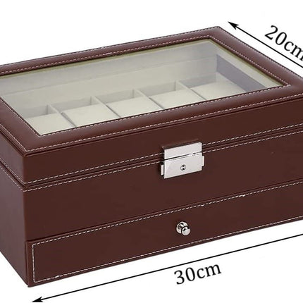 12 Slot PU Leather Lockable Watch and Jewelry Storage Boxes (Brown)