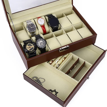 12 Slot PU Leather Lockable Watch and Jewelry Storage Boxes (Brown)