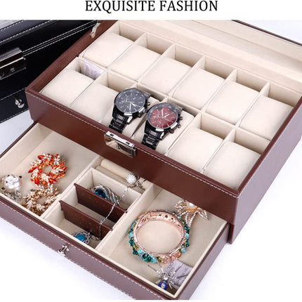 12 Slot PU Leather Lockable Watch and Jewelry Storage Boxes (Brown)
