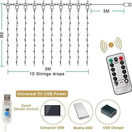 300 LEDs Window Curtain Fairy Lights 8 Modes and Remote Control for Bedroom (Warm White, 300 x 300cm)