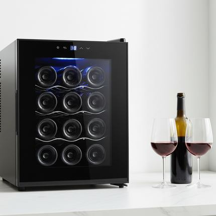12 Bottle Thermoelectric Wine Fridge, 65W, UV Protected Glass Door, Soft LED Illumination