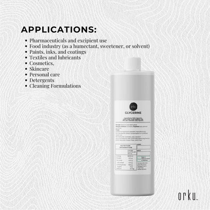Orku 1L Glycerine 99.9% Pure USP Food + Cosmetic Grade – Vegetable Glycerol