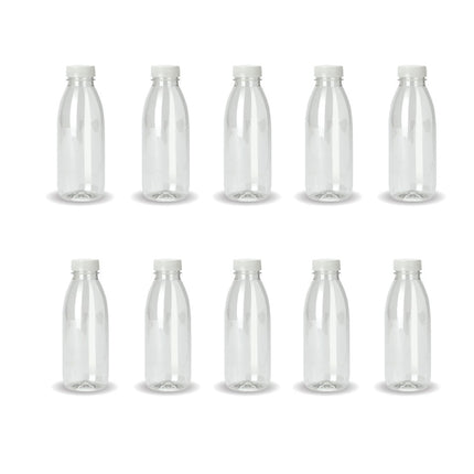 10x 300ml PET Juice Bottles + Tamper Evident Caps - Empty Plastic Recyclable Clear