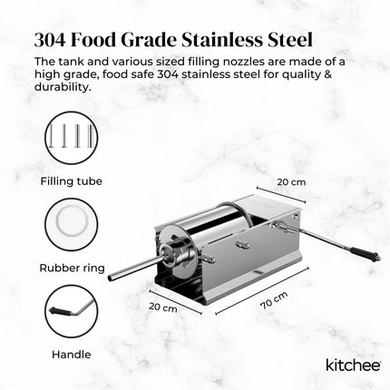 Kitchee 7L Manual Horizontal Sausage Filler - Stainless Stuffer Meat Press Machine