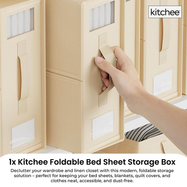 1x Kitchee Foldable Bed Sheet Storage Box - Linen and Closet Organiser Beige