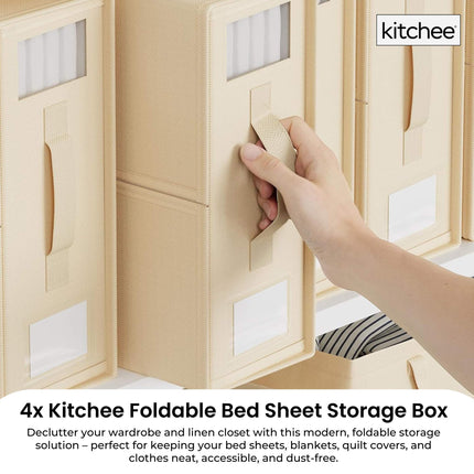 4x Kitchee Foldable Bed Sheet Storage Box - Linen and Closet Organiser Beige
