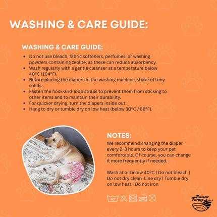 Rooster Farms Male Dog Diapers Medium 3Pk - Washable Reusable Nappies Hook/Loop