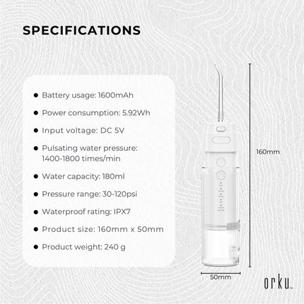 Orku Mini Water Flosser Rechargeable Portable Extendable Travel Oral Irrigator White
