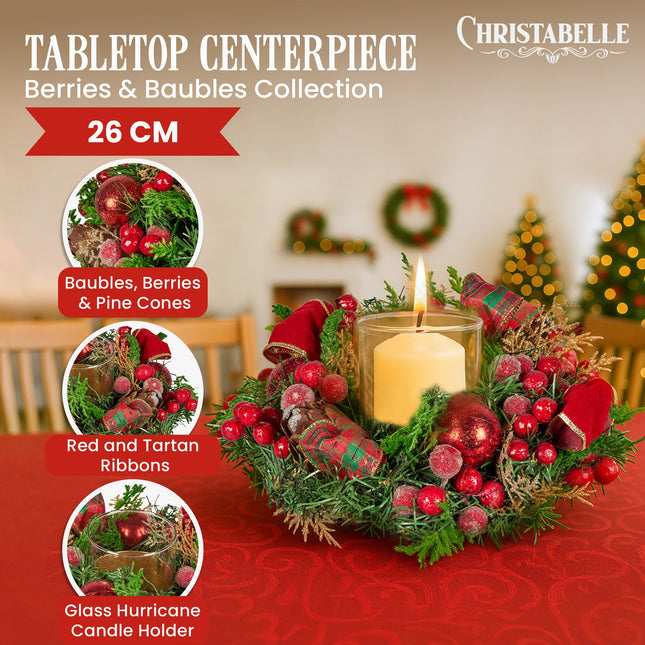 Christabelle 26cm Christmas Centrepiece Lush Green Holiday Display w/Red Berries & Hurricane Candle Holder Pre-decorated for Dining Table Console