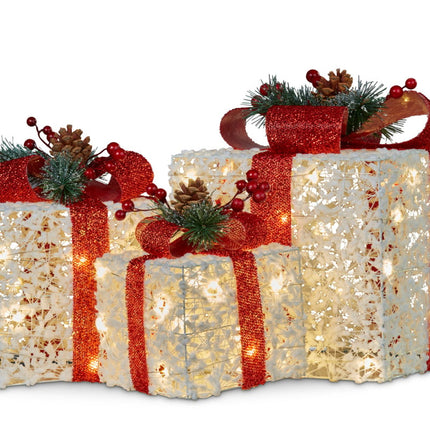 Swishmas 3 Piece Christmas Present Display Set With Lights & Red Bows