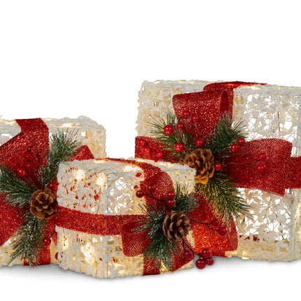 Swishmas 3 Piece Christmas Present Display Set With Lights & Red Bows