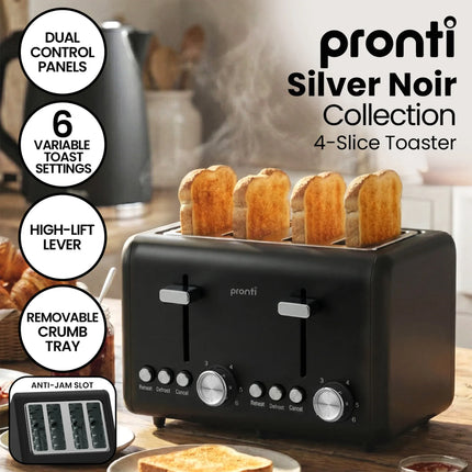 Pronti Silver Noir Collection 4 Slice Toaster and Kettle Bundle
