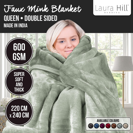 Laura Hill 600-GSM Mink Blanket Queen Size Double-Sided Soft Plush Bed Faux Throw Rug 220 X 240cm Sage