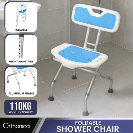 Orthonica Compact & Foldable Commode Shower Chair w/Height Adjustable Aluminium Frame Non Slip Feet HDPE Seat & Backrest