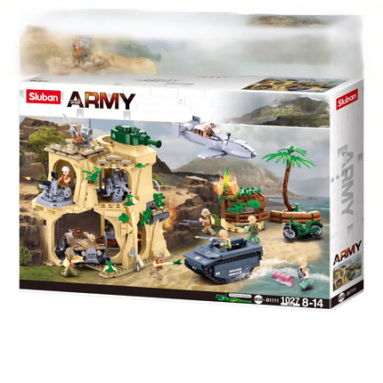 Sluban B1111 Model Kit WWII Battle of Iwo Jima Island Bunker Landing Craft Army Military Base Diorama Blocks DIY Set Toy