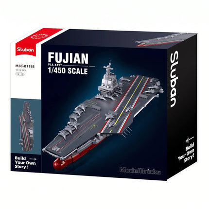 Sluban B1188 Model Kit 1:450 Aircraft Carrier Fujian Type 003 Chinese PLAN Warship Navy Vessel Boat Blocks DIY Set Toy