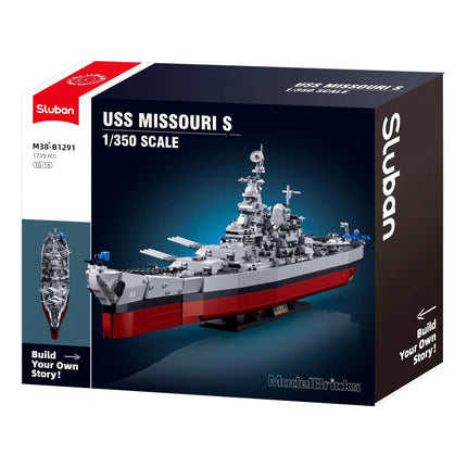 Sluban B1291 Model Kit 1:350 USS Missouri BB63 Mighty Mo Battleship Warship WWII Navy Vessel Boat Blocks DIY Set Toy