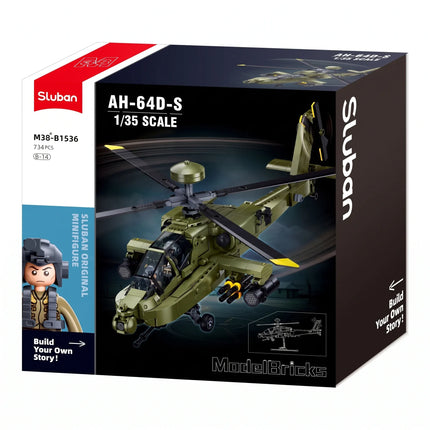 Sluban B1536 Model Kit 1:44 AH-64D Apache Attack Helicopter Chopper Gunship Army Military Air Force Blocks DIY Set Toy