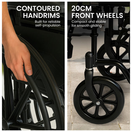 Orthonica New Steel Wheelchair In Black Foldable Lightweight Disability Aid Portable Heavy-duty 24-inch Adjustable Footrest Steel Frame