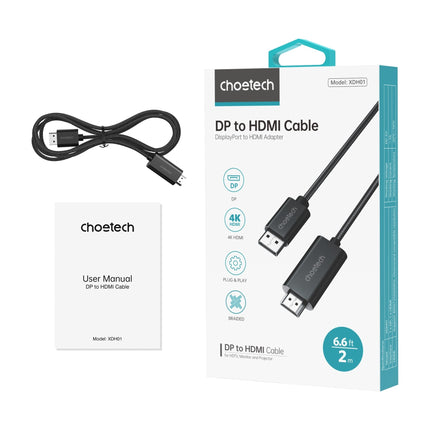 CHOETECH XDH01 4K 60Hz DisplayPort Male to HDMI Male Braided Cable 2M