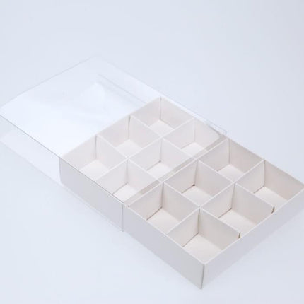 100 Pack of White Card Chocolate Sweet Soap Product Retail Gift Box - 12 bay 4x4x3cm Compartments  - Clear Slide On Lid - 16x12x3cm