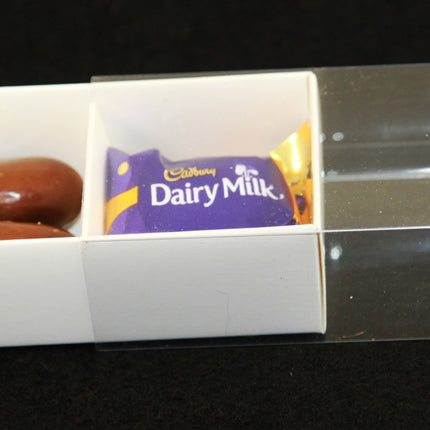 100 Pack of White Card Chocolate Sweet Soap Product Retail Gift Box - 2 Bay Compartments - Clear Slide On Lid - 8x4x3cm