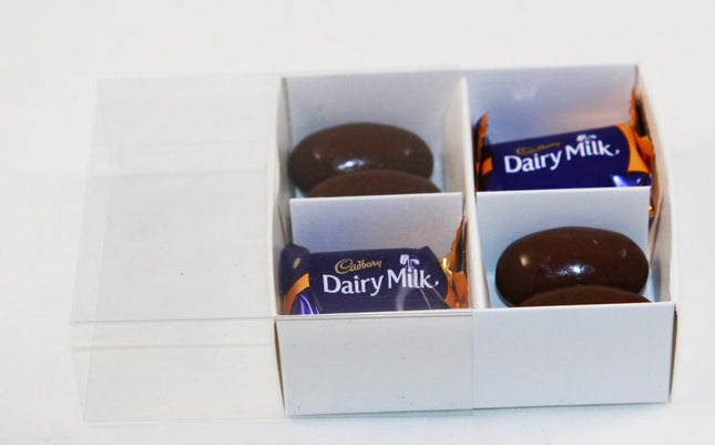 100 Pack of White Card Chocolate Sweet Soap Product Retail Gift Box - 4 Bay Compartments - Clear Slide On Lid - 8x8x3cm