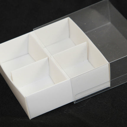 100 Pack of White Card Chocolate Sweet Soap Product Retail Gift Box - 4 Bay Compartments - Clear Slide On Lid - 8x8x3cm