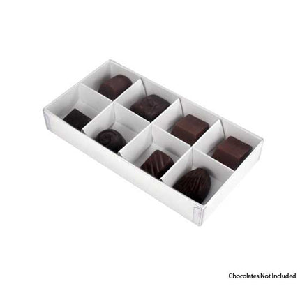 100 Pack of White Card Chocolate Sweet Soap Product Retail Gift Box - 8 bay 3cm Compartments - Clear Slide On Lid - 16x8x3cm