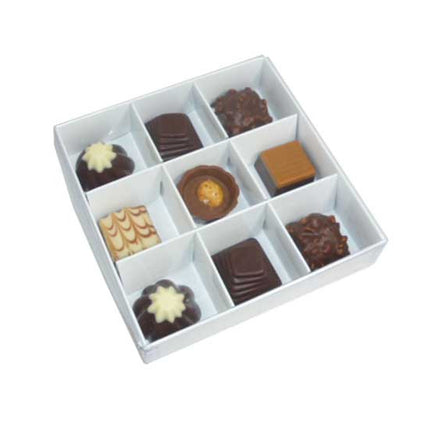 100 Pack of White Card Chocolate Sweet Soap Product Retail Gift Box - 9 bay 4x4x3cm Compartments  - Clear Slide On Lid - 12x12x3cm