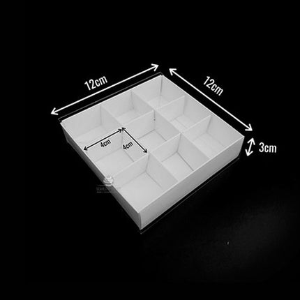 100 Pack of White Card Chocolate Sweet Soap Product Retail Gift Box - 9 bay 4x4x3cm Compartments  - Clear Slide On Lid - 12x12x3cm