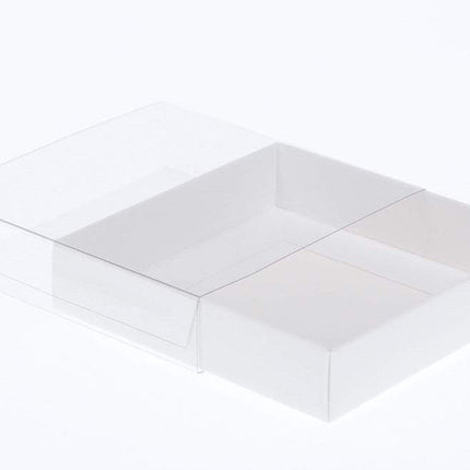100 Pack of 10cm Square Invitation Coaster Favor Function product Presentation Cookie Biscuit Patisserie Gift Box - 2cm deep - White Card with Clear Slide On PVC Lid