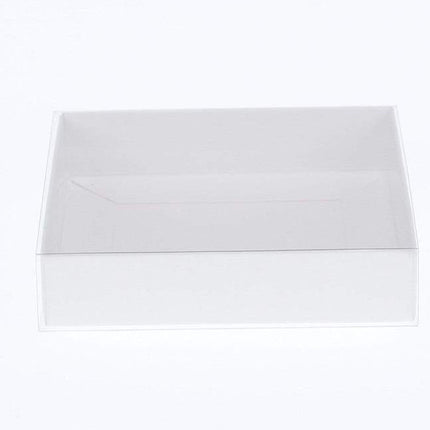 100 Pack of 8cm Square Wedding Invitation Coaster Favor Function product Presentation Cookie Biscuit Patisserie Gift Box - 2cm deep - White Card with Clear Slide On PVC Lid