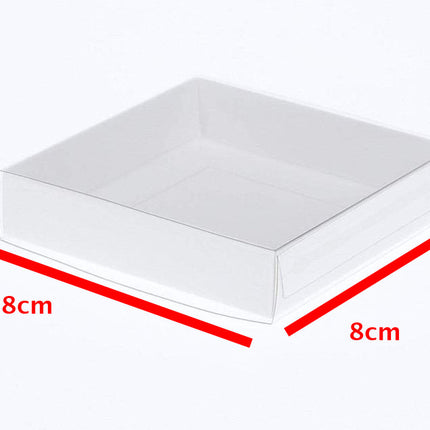 100 Pack of 8cm Square Wedding Invitation Coaster Favor Function product Presentation Cookie Biscuit Patisserie Gift Box - 2cm deep - White Card with Clear Slide On PVC Lid