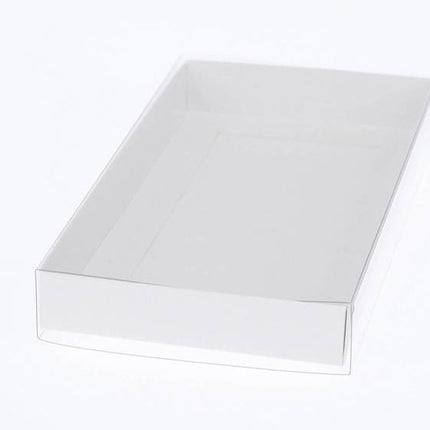 100 Pack of White Card Box - Clear Slide On Lid - 17 x 25 x 5cm -  Large Beauty Product Gift Giving Hamper Tray Merch Fashion Cake Sweets Xmas