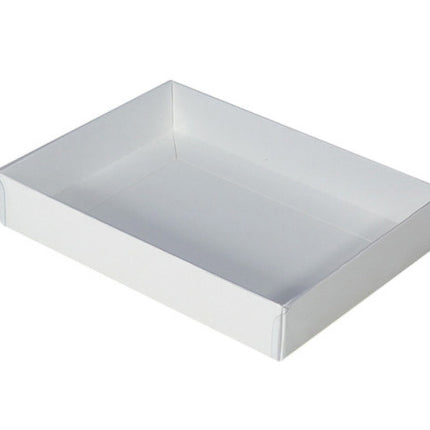 100 Pack of White Card Square Box - Clear Slide On Lid - 20 x 20 x 8cm -  Large Beauty Product Gift Giving Hamper Tray Merch Fashion Cake Sweets Xmas
