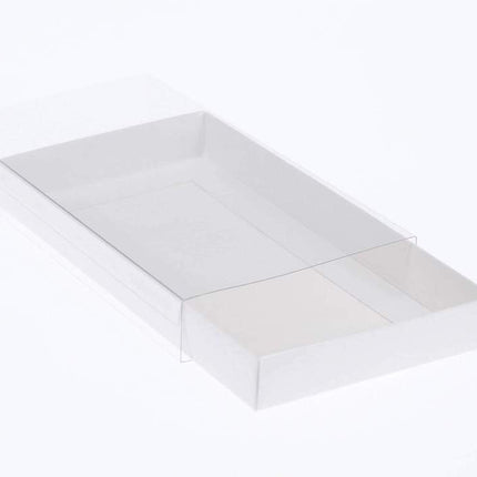 100 Pack of White Card Square Box - Clear Slide On Lid - 20 x 20 x 8cm -  Large Beauty Product Gift Giving Hamper Tray Merch Fashion Cake Sweets Xmas