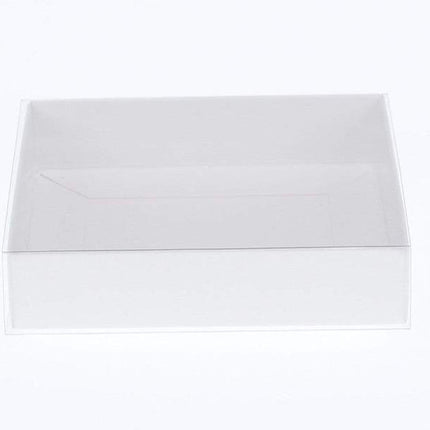 100 Pack of White Card Box - Clear Slide On Lid - 30 x 20 x 8cm -  Large Beauty Product Gift Giving Hamper Tray Merch Fashion Cake Sweets Xmas