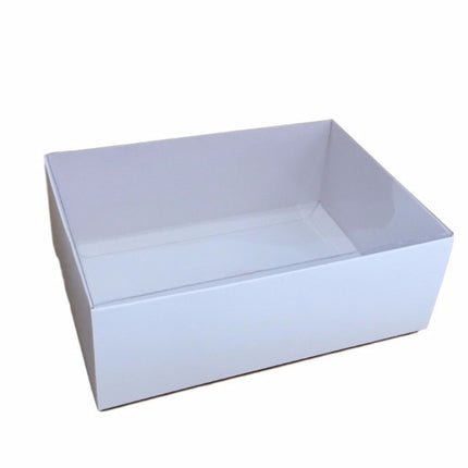100 Pack of White Card Box - Clear Slide On Lid - 30 x 20 x 8cm -  Large Beauty Product Gift Giving Hamper Tray Merch Fashion Cake Sweets Xmas