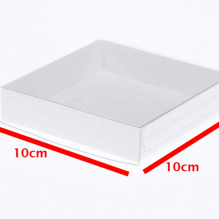 10 Pack of 10cm Square Invitation Coaster Favor Function product Presentation Cookie Biscuit Patisserie Gift Box - 2cm deep - White Card with Clear Slide On PVC Lid