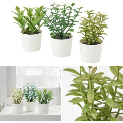 3 Pack of Artificial Herb Potted Plants in White Plastic 5cm Pot Interior Decoration